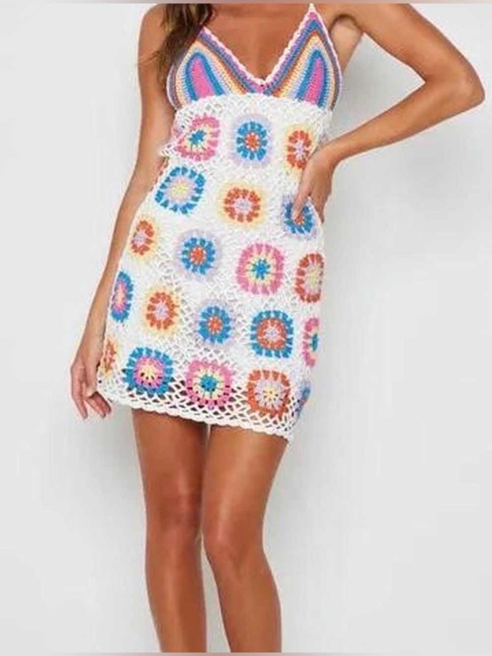 Beginning Boutique Crochet Mini Dress Size 12 US 8 Multicolor Granny Square Boho
